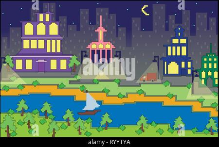 night pixel city with a sailboat on the river Stock Vector