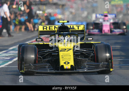 Albert Park, Melbourne, Australia. 16th Mar, 2019. Nico Hulkenberg (DEU) #27 from the Renault F1 Team leaves the pit to start the qualification session at the 2019 Australian Formula One Grand Prix at Albert Park, Melbourne, Australia. Sydney Low/Cal Sport Media/Alamy Live News Stock Photo