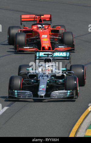 Albert Park, Melbourne, Australia. 16th Mar, 2019. Lewis Hamilton (GBR) #44 from the Mercedes-AMG Petronas Motorsport team rounds turn 2 during practice session three at the 2019 Australian Formula One Grand Prix at Albert Park, Melbourne, Australia. Sydney Low/Cal Sport Media/Alamy Live News Stock Photo