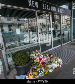 London, UK. 16th Mar, 2019. Floral tributes and a wreath lay by the leader of the Labour party Jeremy Corbyn outside the New Zealand High Commission, in London, in memory of those who were killed in the terrorist attack in Christchurch New Zealand yesterday @Paul Quezada-Neiman/Alamy Live News Credit: Paul Quezada-Neiman/Alamy Live News