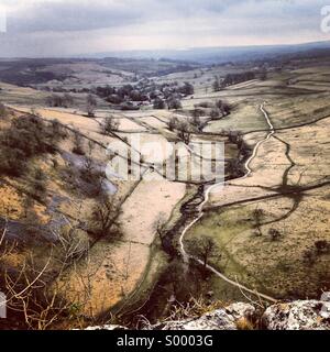 View of the Yorkshire Dales from the top of Malham Cove Stock Photo