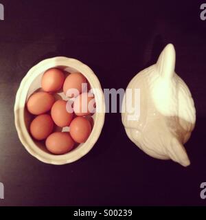 Egg chicken basket full of eggs. Stock Photo