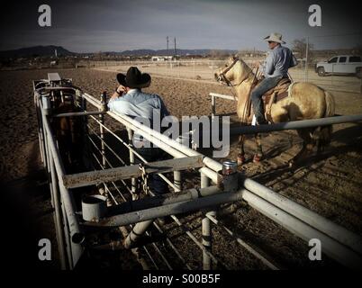 Cowboys practicing team roping in West Texas. Stock Photo