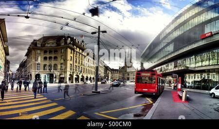 Bern main railway station with bus Stock Photo