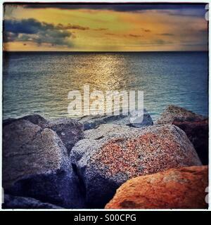 Sunset in mediterranean sea. Coast of Mataró, Barcelona. Catalonia, Spain Stock Photo