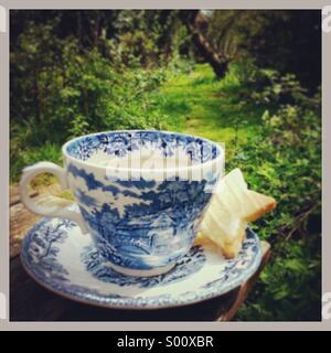 A cup of tea in a vintage clue and white cup and saucer, with a star-shaped biscuit in the garden Stock Photo