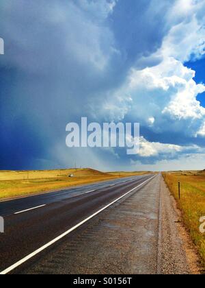 Highway during a storm in Northern Colorado Stock Photo