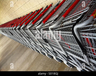 A long line of shopping carts create an interesting perspective Stock Photo