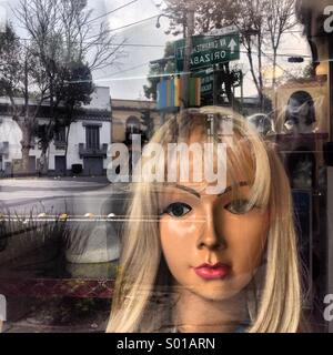 A mannequin of a blonde mannequin decorates a hair shop window in Colonia Roma, Mexico City, Mexico Stock Photo