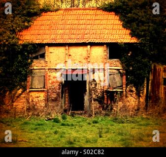 A derelict dilapidated country cottage in a remote rural situation, Somerset, UK Stock Photo