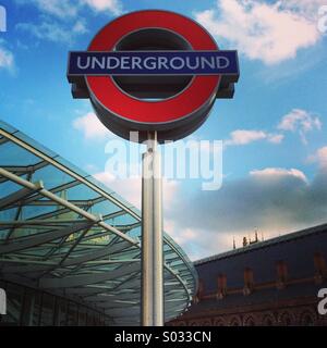 London Underground Tube Roundel Sign outside Kings Cross St Pancras Rail Terminals. Stock Photo