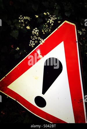 Warning road sign surrounded by hogweed Stock Photo