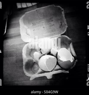 Broken egg shells in an egg box or carton Stock Photo