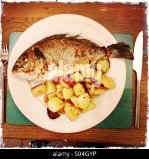 A plate of fried fish and potatoes Stock Photo