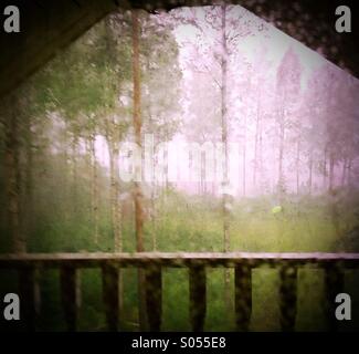 Heavy rain seen from summer cottage balcony in Finland Stock Photo