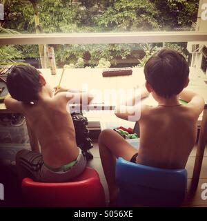 It's a photo of two brothers who are doing their homework facing the window. We see them from the back Stock Photo