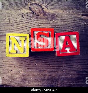 It's a photo of wood blocks toy with letters that form the acronym word NSA Stock Photo