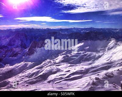 View to Zugspitze-Glacier and Sonn-Alpin, Bavaria Stock Photo