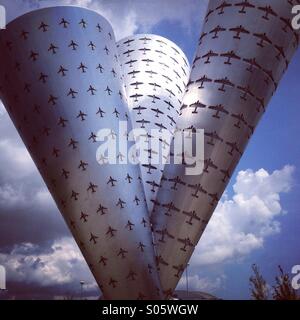 Southend on sea, Essex, Uk- August 07 2014: war memorial at London southed airport, sculpture depicting aircraft caught in the WW2 search light cones. Stock Photo