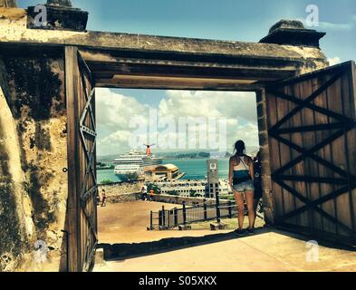 Looking down on the harbor at San Juan, Puerto Rico from a gate at Castillo de San  Cristobal, a fort built by Spain and completed in 1783. Stock Photo