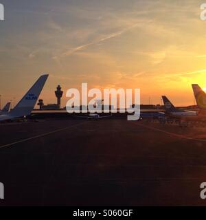Airplanes in Schiphol Airport, Amsterdam, Holland Stock Photo