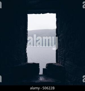 Window from Urquhart Castle overlooking Loch Ness, Scotland Stock Photo