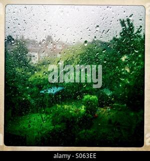 Rain drops on window looking out on garden. Stock Photo