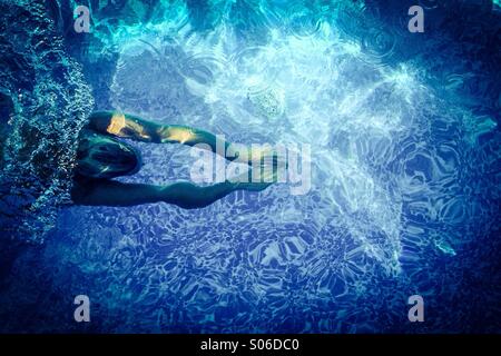 Woman swimming in pool, under water. Stock Photo