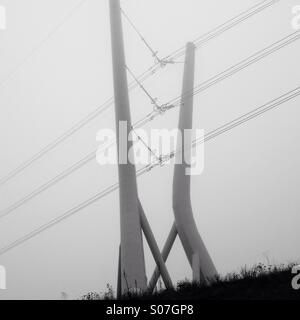Electricity pylons in fog Stock Photo