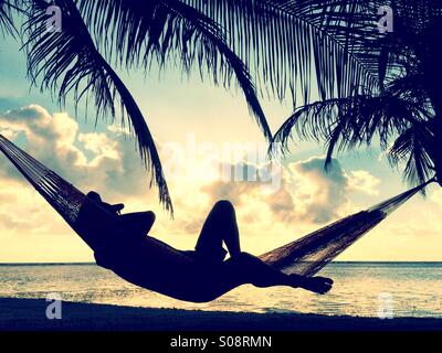 Man in Hammock ,South Water Caye, Belize Stock Photo