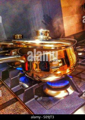 Stainless steel saucepans on gas hob Stock Photo