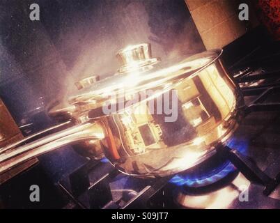 Stainless steel saucepans on gas hob Stock Photo