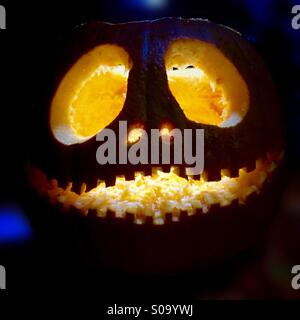 A carved pumpkin in the style of Jack Skellington, from The Nightmare Before Christmas Stock Photo