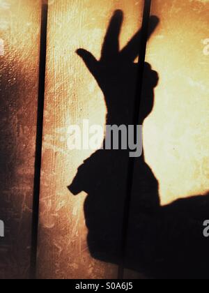 A man casting a shadow on a wall, counting on his hand. Number three. Stock Photo