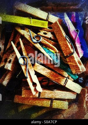 Clothes pegs in a box Stock Photo