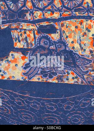 Lace, showing blue birds of happiness, in a painterly rendition. Concepts: love, connection, togetherness, bliss, companionship, joy. Stock Photo
