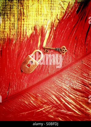 Lock and key over a red feather Stock Photo