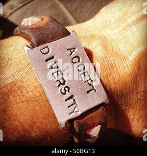 'Accept Diversity' leather and steel studs bracelet on mans wrist Stock Photo