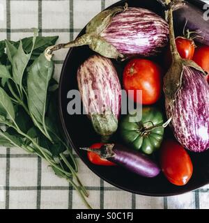Bowl with heritage Italian eggplants and tomatoes with basil I a round bowl on green and white linen cloth Stock Photo