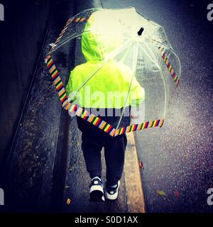 Little boy walking under the rain with his transparent umbrella Stock Photo