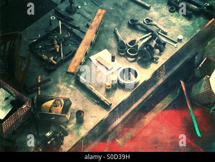 Aerial view of a workman's tool bench Stock Photo