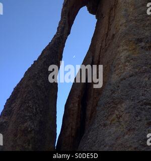 Crescent Moon in 'Needle's Eye', Rock Formation, Custer State Park, Black Hills, South Dakota Stock Photo