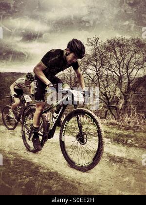 Mountainbiker at Forrest Fields, Round three of the National Cross Country Mountainbike Series 19th May 2015 Stock Photo