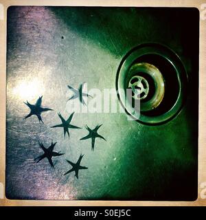 Tomato leaves with the form of stars on a drain in a kitchen in Colonia Roma, Mexico City, Mexico Stock Photo