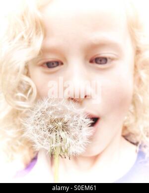 Young girl blowing on dandelion seed head Stock Photo