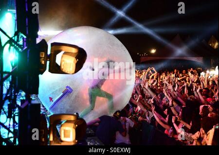 The Flaming Lips' Wayne Coyne heads out into the crowd in his signature  'hamster ball' during the Levitation Austin 2015 Music Festival in Austin, Texas, USA. Stock Photo