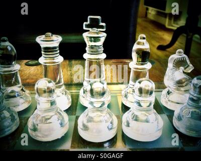 Glass chess pieces, king, queen, knight, bishop, rook and pawn Stock ...