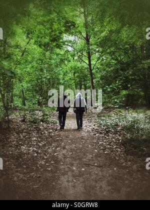 Two men walking in the woods Stock Photo