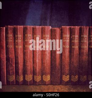 Sunday service - a row of old Christian hymn books in a church Stock Photo