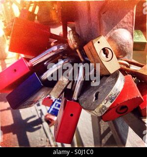 Love locks on a bridge in the warehouse district Speicherstadt in Hamburg, Germany Stock Photo